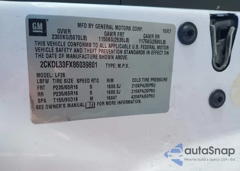 2008 Pontiac Torrent z USA, uszkodzony, nr VIN 2CKDL33FX86039801